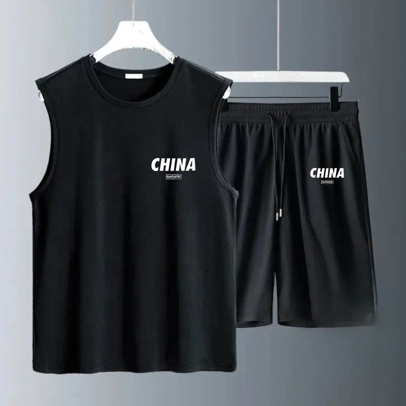 Men's Tank Top Sets 2026 Summer Quick drying 2 piece set beach jogging set crewneck men's suits sports seaside oversize running